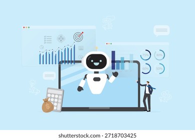 AI assistente robô planejamento dados de resumo para a avaliação de marketing de negócios plano de vendas previsão. gráficos de negócios, painel de traço e gráficos digitais. Homem de negócios usa tecnologia inteligente de inteligência artificial.