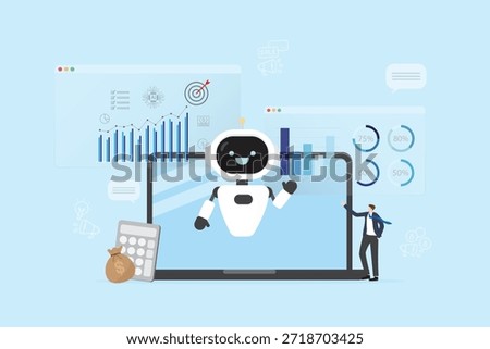 AI assistant robot planning summary data for business marketing evaluation sale plan forecast. business graphs, dash board and digital charts. Businessman use artificial intelligence smart technology.