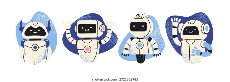 KI Assistant Roboter im modernen Cartoon-Stil. Freundliche humanoide Roboter, digitale Helfer und smarte Technologiefiguren. Künstliche Intelligenz Maskottchen, virtuelle Unterstützung Avatare und futuristische Assistant Konzept