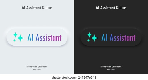 AI Assistant sign. A set of black and white buttons with AI assistant symbols. Icon in trendy neumorphic style. 3D Neumorphism design style for Apps, Websites, Interfaces, and mobile app. UI Ux.