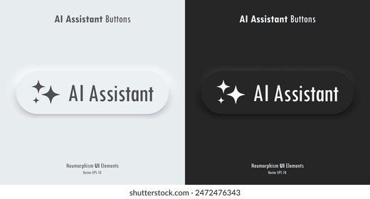 AI Assistant sign. A set of black and white buttons with AI assistant symbols. Icon in trendy neumorphic style. 3D Neumorphism design style for Apps, Websites, Interfaces, and mobile app. UI Ux.