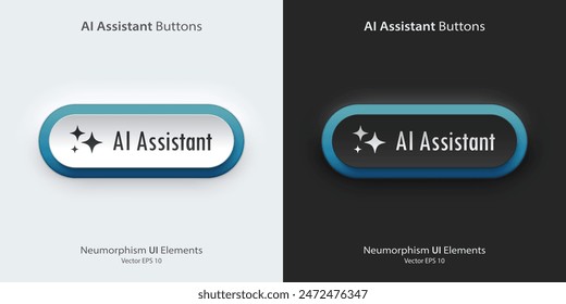 AI Assistant sign. A set of black and white buttons with AI assistant symbols. Icon in trendy neumorphic style. 3D Neumorphism design style for Apps, Websites, Interfaces, and mobile app. UI Ux.