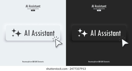 AI Assistant sign. A set of black and white buttons with AI assistant symbols. Icon in trendy neumorphic style. 3D Neumorphism design style for Apps, Websites, Interfaces, and mobile app. UI Ux.