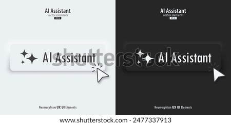 AI Assistant sign. A set of black and white buttons with AI assistant symbols. Icon in trendy neumorphic style. 3D Neumorphism design style for Apps, Websites, Interfaces, and mobile app. UI Ux.