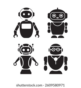 AI Assistant Silhouette Vector Icon Set – Artificial Intelligence Chatbot, Customer Support, Virtual Assistant, and Robotic Bot Communication Icons for Technology, UX, and App Design Projects