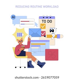 AI assistant for streamlining work processes and enhancing productivity. This illustration represents how AI reduces routine tasks, manages schedules, and organizes workloads efficiently for users. - Powered by Shutterstock - Get 15% off with code: PIKWIZARD15
