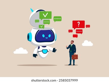 AI assistant support. Chat bot, survey. Online discussion, conversation, meeting, team communication, colleague chatting, opinion. Chatting with robot, asking questions and receiving answers. Vector