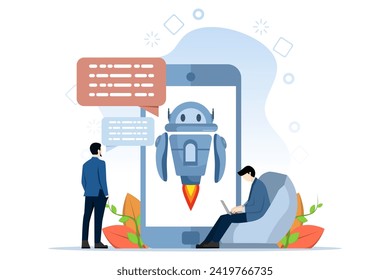 AI assistant support and FAQ concept. ask questions, and receive answers. Customer dialogue with chatbots on smartphones. Character chat with robot, flat vector illustration on white background.