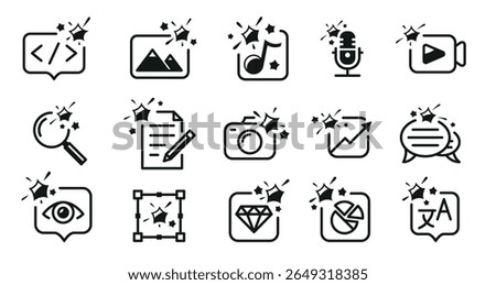 AI Assistant Tool Icon Set. These icons represent tasks such as coding, editing, media creation, and more with the help of artificial intelligence, highlighting technology and innovation.