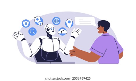 Asistente de IA y conversación de usuario. Inteligencia artificial, concepto de comunicación de chat bot. Chatbot en línea, robot con Asistencia automatizada, ayuda. Ilustración vectorial plana aislada sobre fondo blanco