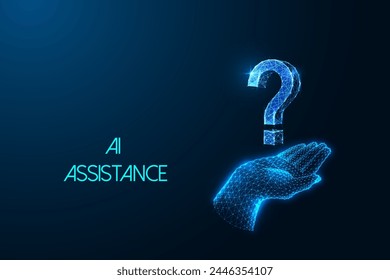 AI assistant, virtual assistance futuristic concept with hand holding question mark in glowing low polygonal style on dark blue background. Modern abstract connection design vector illustration.