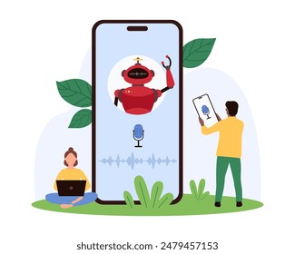 AI assistant, virtual conversation of customer and chatbot, answers on questions. Tiny people record voice message in chat mobile app with robot on smartphone screen cartoon vector illustration