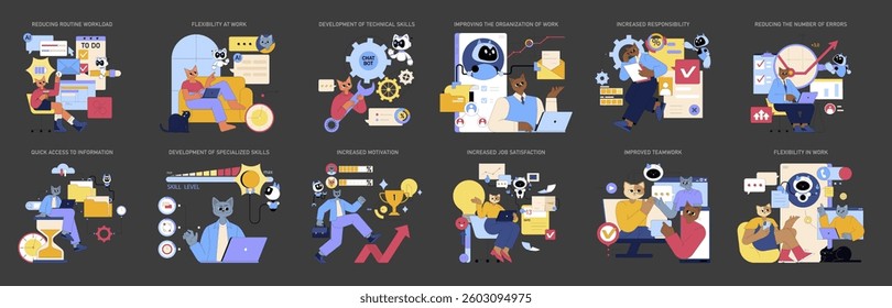 AI Assistant for Work context promotes efficiency and skill development. It illustrates improved job satisfaction, reduced errors, and flexibility. Emphasizes enhanced organization, quick access to