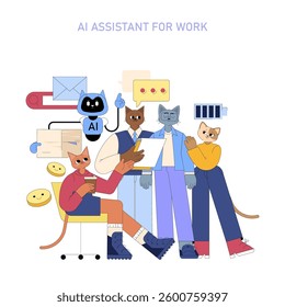 AI assistant for work illustration. Features a diverse group of anthropomorphic cats engaged in productivity tasks, showcasing collaboration in a modern workspace with AI tools. Vector illustration.