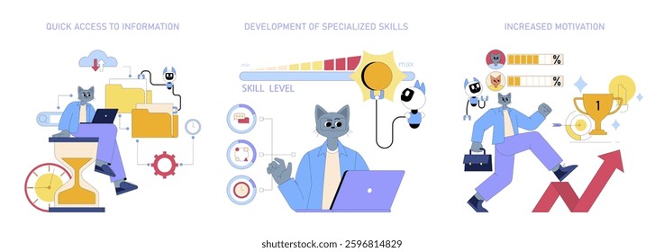 AI Assistant for Work. The illustration shows a professional utilizing AI tools to enhance productivity through quick access to information, skill development, and increased motivation. Vector