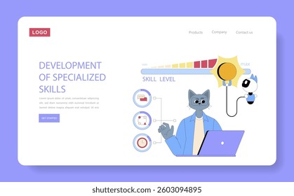 AI Assistant For Work. This illustration showcases a cat character interacting with digital tools to track skill levels and enhance specialized skills in a professional setting. User-friendly design