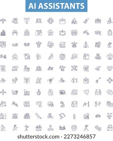 Ai assistants line icons, signs set. AI, assistants, assistants, Alexa, Siri, Cortana, Google, Home, Skyvi outline vector illustrations.