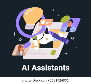 AI assistants robot interacting with users digital communication light bulb concept dark mode interface website design