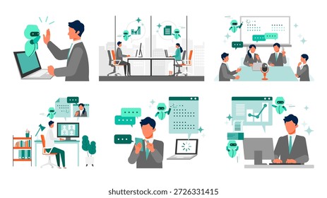 A IA assistiu ao trabalho remoto e a reuniões de negócios on-line. Conjunto de cenas de teletrabalho com ilustração vetorial plana mostrando resumos automatizados de reuniões, documentação, fluxo de trabalho e suporte à produtividade para locais de trabalho digitais modernos