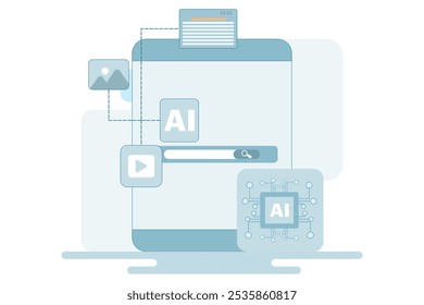 AI assisted search engine concept, Artificial intelligence with search results, AI processing search engine results, Online web search engine with AI helps users find information faster.