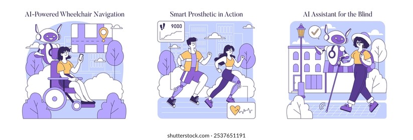 AI Assistive Devices set. Wheelchair, prosthetic limb, and guide robot help disabled individuals. Enhancing mobility and independence. Vector illustration.