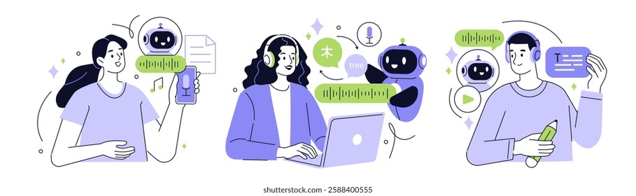 Ai audio set. Characters and artificial intelligence robot generate music from text, convert speech to transcription, translate foreign language words. Vector illustration.