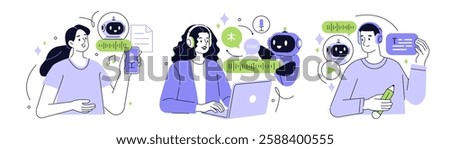 Ai audio set. Characters and artificial intelligence robot generate music from text, convert speech to transcription, translate foreign language words. Vector illustration.