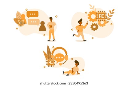 AI auto contract illustration set. characters are looking at chatting, calling, maintenance system with AI supporter. AI support services concept. vector illustration.