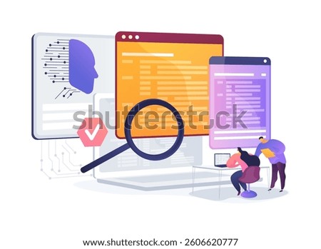AI Automated Code Review abstract concept vector illustration. Software developers use AI tools to review code for errors and suggest improvements. abstract metaphor.