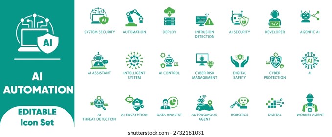 AI Automação Inteligência Artificial Robótica Agentic AI Cyber Security System Vetor Icon Set

