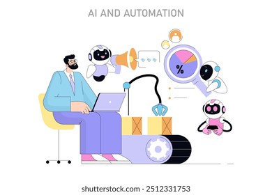 conceito de IA e automação. Homem no computador com robôs assistentes destacando o progresso tecnológico na automação. Ilustração vetorial.