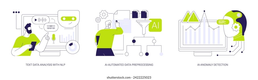 AI-Automatisierung in der Datenanalyse abstraktes Konzept Vektorgrafik Set. Textdatenanalyse, AI-automatisierte Datenvorverarbeitung, AI-Anomalie-Erkennung, abstrakte Metapher für die Verarbeitung von natürlichen Sprachen.