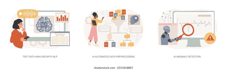 AI automation in data analysis abstract concept vector illustration set. Text Data Analysis, AI-Automated Data Preprocessing, AI-Anomaly Detection, Natural Language Processing abstract metaphor.