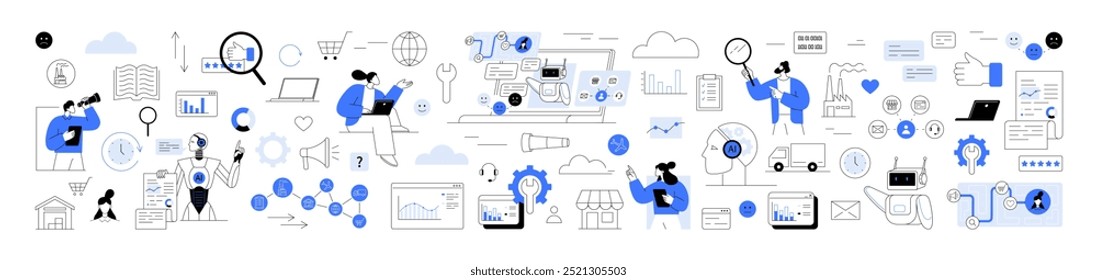 AI automation, data-driven insights and customer experience. Analytics, AI bots, customer service tools charts, and data metrics. Automation and insights streamline processes, improve customer service