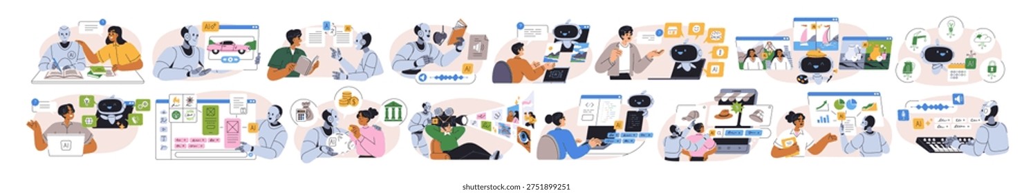 AI automation, digital technology set. Robot, chatbot assistants for analytics, generative content. Artificial intelligence and neural network. Flat vector illustration isolated on white background