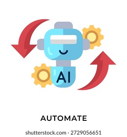 Icono plano de automatización de IA: ilustración de automatización de robots con engranajes y flechas de Bucle, proceso de flujo de trabajo de IA