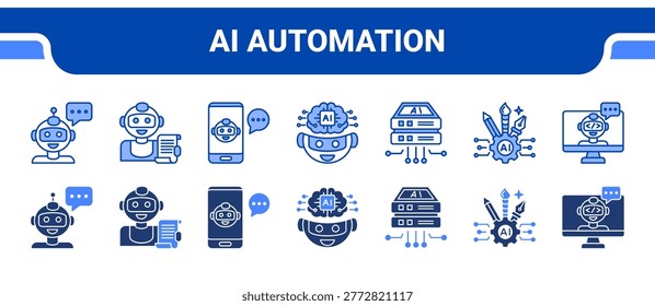 AI Automation Icon Collection, featuring Chatbot, Content Bot, Assist, Machine Learning, Data, Cloud, Code.