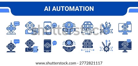 AI Automation Icon Collection, featuring Chatbot, Content Bot, Assist, Machine Learning, Data, Cloud, Code.