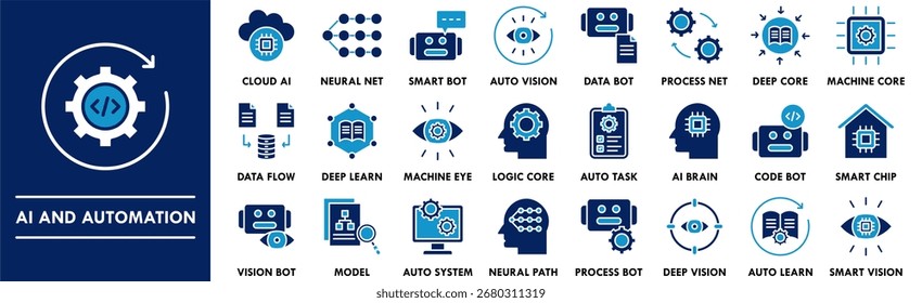 Sammlung von KI- und Automatisierungssymbolen Enthaltend Design-Technologie, Automatisierung, digital, ai, Geschäft, Daten