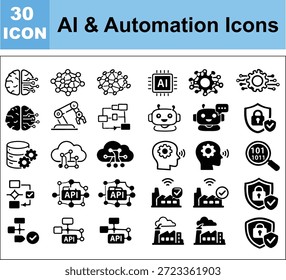 AI Automation Icon Set Inteligência Artificial, Aprendizagem de Máquina, Automação de Fluxo de Trabalho e Vetores de Tecnologia Inteligente
