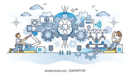 AI and automation revolution with artificial intelligence evolution outline concept. Smart, modern and effective manufacturing with technological progress vector illustration. Complex system assembly