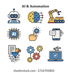An ai automation robot brain robotic arm microchip hand gear smartphone data filter gears laptop security technology innovation efficiency and digital transformation