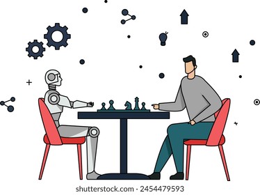 AI and Automation vector color design, Bio-Mechanical Revolution symbol, Redefining Humanity sign, Symbiosis stock illustration, Humanoid robot playing chess with human concept