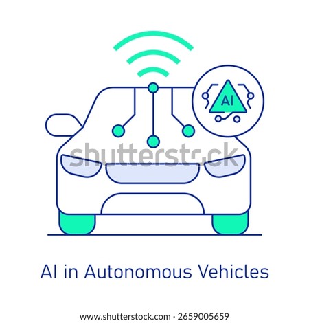 AI in Autonomous Vehicles, Self-Driving Car, Smart Driving, Vehicle AI, Navigation Intelligence – Line Vector Icon