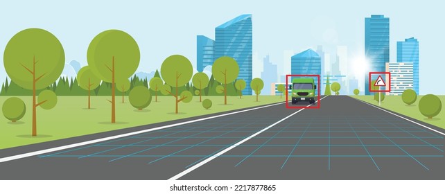 AI autopilot view on screen interface, blue and red HUD. Highway to hill, city on background. Autonomous car interface and road sign identification. Alert warning red AI detection.