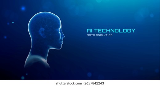 AI avatar cabeza digital cara 3D con robot humano. Efecto futurista de escaneo de neón azul para tecnología de reconocimiento y conceptos de seguridad. Diseños Abstractas de redes de mallas o partículas para ciberinteligencia.