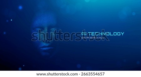 AI avatar head digital face 3D with robot human. Futuristic blue neon scan effect for recognition technology and security concepts. Abstract mesh or particle network designs for cyber intelligence.