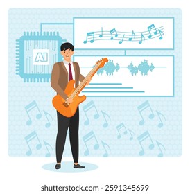 AI Backed Music Composition concept. Musician holding a guitar with artificial intelligence visualizations, musical notes, and waveforms, representing the intersection of music and modern technology. 