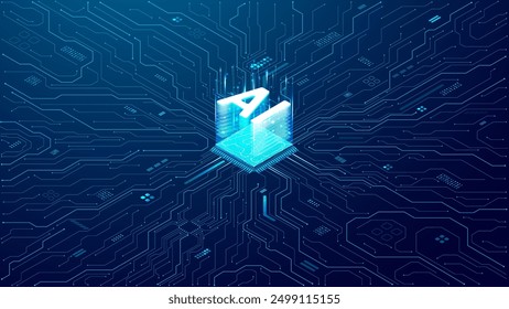 AI background. Abstract AI chip hologram on circuit board tech bg. Artificial Intelligence isometric 3D logo with neon growing light lines. Vector illustration. CPU processor or semiconductor design.