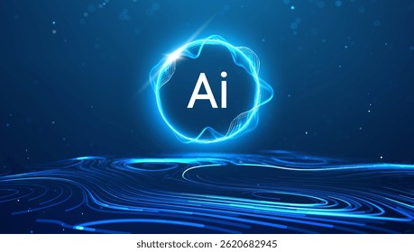 AI background abstract data digital tech science blue light network concept. 3D vector wave cell medical flow research pattern graphic energy. Futuristic bio globe stem dna shield.